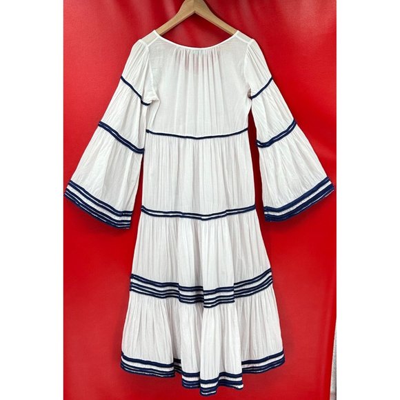 V. DE. Vinster White V-Neck Navy Blue Mini Pom Pom Details Easy Wear Dress Sz S - Picture 3 of 7